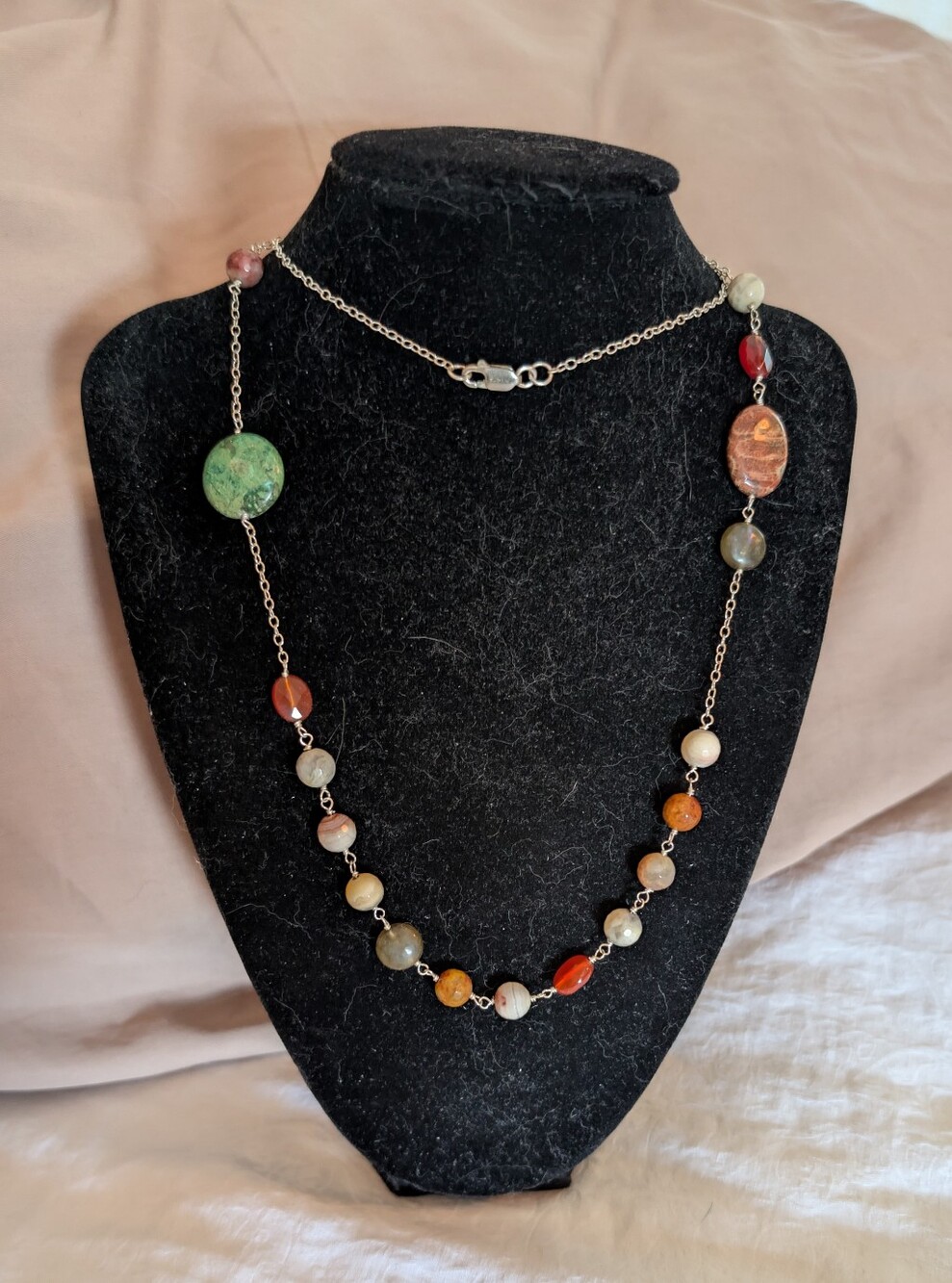 925 Multi-Color Natural Jasper Women’s Necklace - Green, Red, Orange, Cream